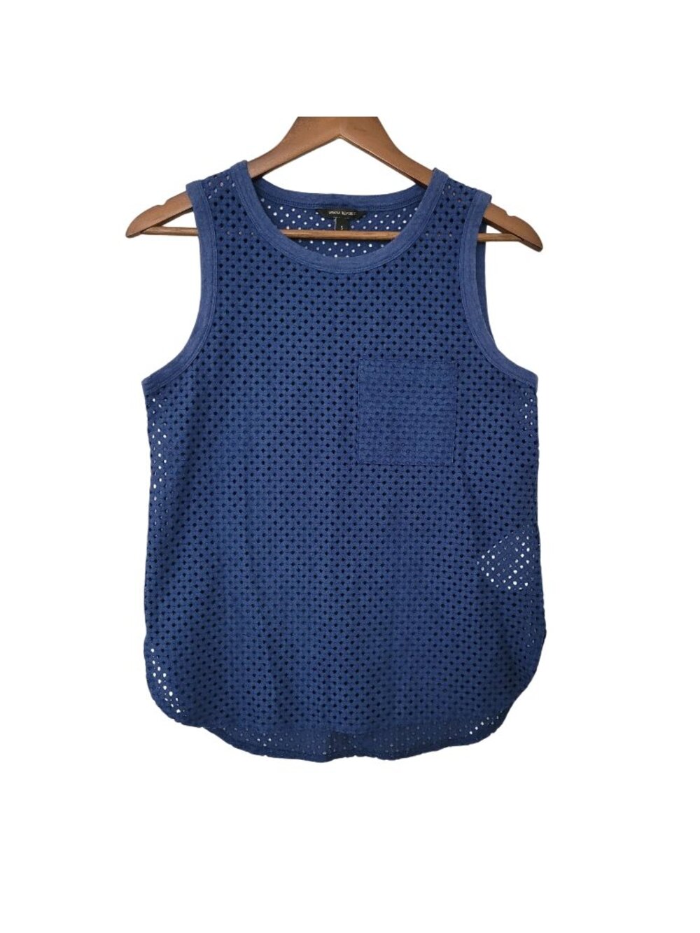 Banana Republic Open Weave Mesh Tank Top Womens Size S Blue Pocket Rounded Hem